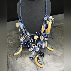 Chico's Simone Chunky Blue Resin Wood Bead Bib Statement Necklace